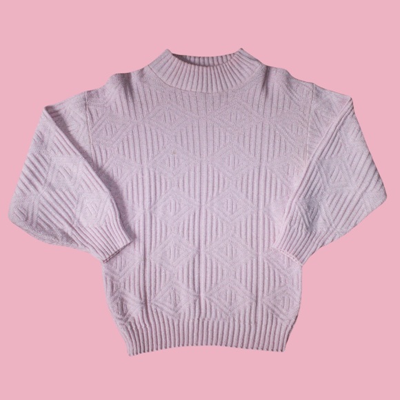 VTG 80s Baby Pink/Metallic Silver Acrylic Ribbed Mock Neck Chunky Knit Sweater - Picture 10 of 10